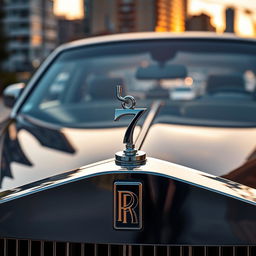 A luxurious Rolls Royce car showcasing a unique hood ornament that features a chain with a prominent pendant shaped like the number 7