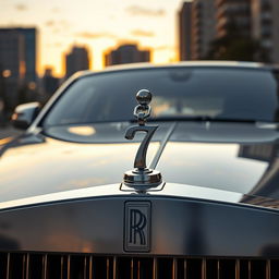 A luxurious Rolls Royce car showcasing a unique hood ornament that features a chain with a prominent pendant shaped like the number 7