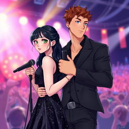 A cute young adult girl with black hair, green eyes, and pale skin standing next to a tall, handsome, hot, muscular young adult boy with brown hair and blue eyes