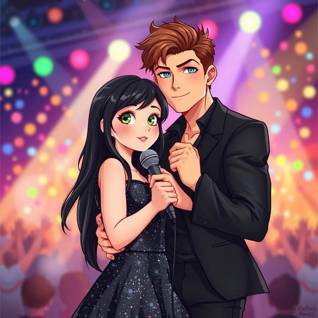 A cute young adult girl with black hair, green eyes, and pale skin standing next to a tall, handsome, hot, muscular young adult boy with brown hair and blue eyes