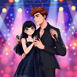 A cute young adult girl with black hair, green eyes, and pale skin standing next to a tall, handsome, hot, muscular young adult boy with brown hair and blue eyes