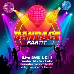 A vibrant and eye-catching poster for a disco party titled 'BANDACE'