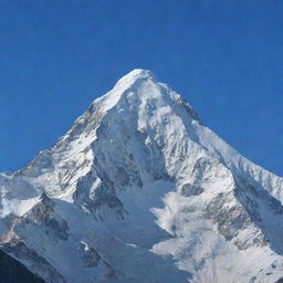 A majestic mountain with a snow-capped peak, standing tall against a clear blue sky.