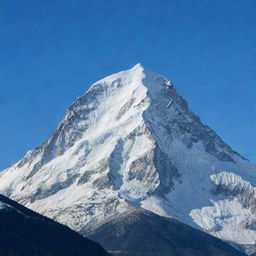 A majestic mountain with a snow-capped peak, standing tall against a clear blue sky.