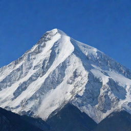 A majestic mountain with a snow-capped peak, standing tall against a clear blue sky.