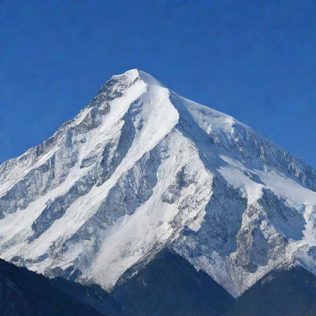 A majestic mountain with a snow-capped peak, standing tall against a clear blue sky.