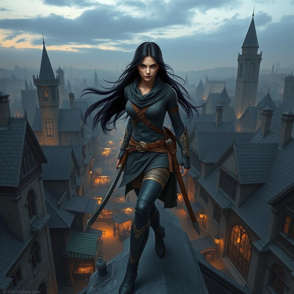 A half-elf female rogue specializing in theft and stealth, gracefully walking on the rooftops of a bustling medieval city