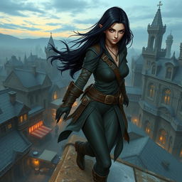 A half-elf female rogue specializing in theft and stealth, gracefully walking on the rooftops of a bustling medieval city