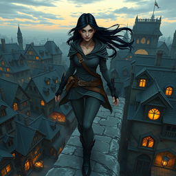 A half-elf female rogue specializing in theft and stealth, gracefully walking on the rooftops of a bustling medieval city