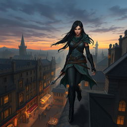 A half-elf female rogue specializing in theft and stealth, gracefully walking on the rooftops of a bustling medieval city