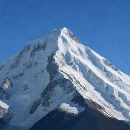 A majestic mountain with a snow-capped peak, standing tall against a clear blue sky.