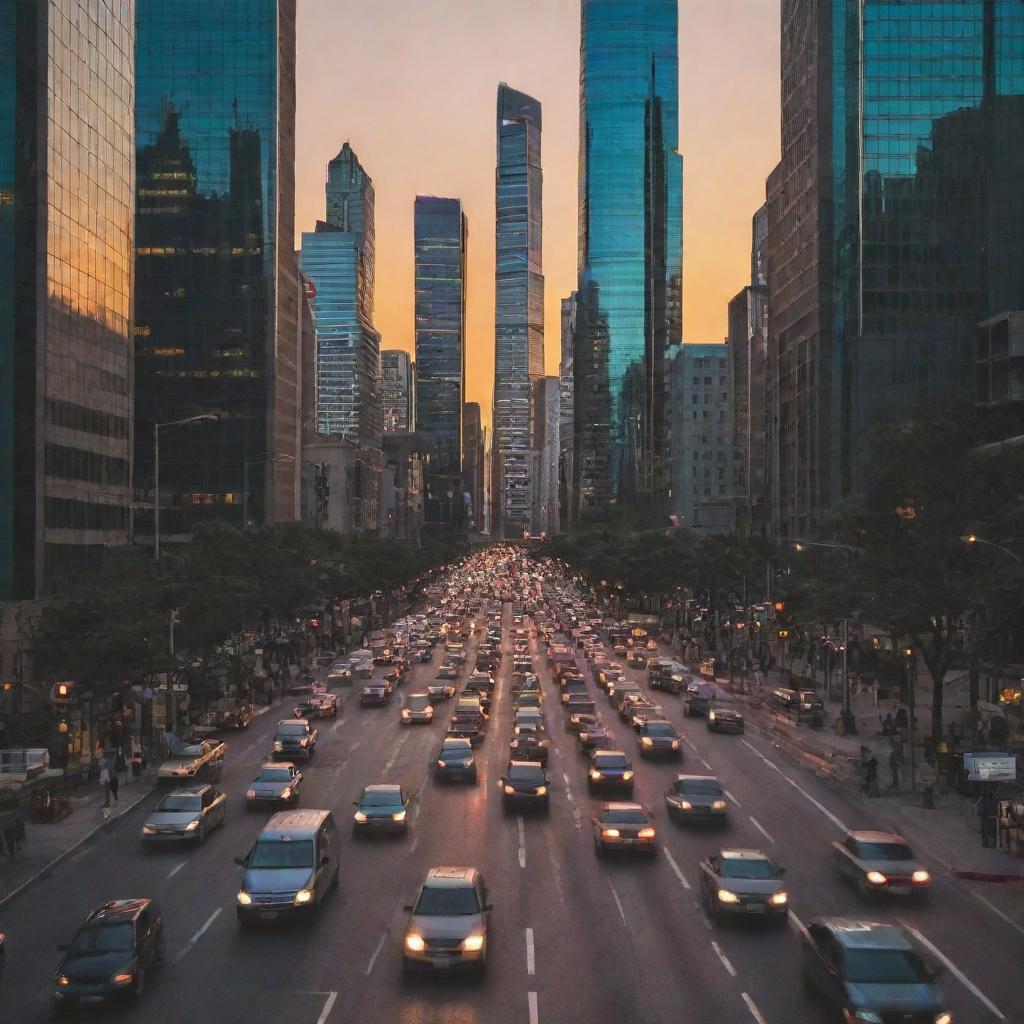 A vibrant, bustling cityscape at sunset with skyscrapers illuminated and cars driving along a busy street.