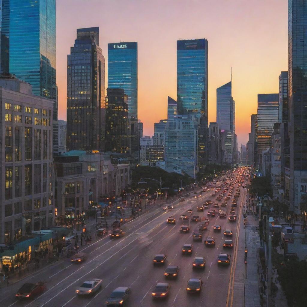 A vibrant, bustling cityscape at sunset with skyscrapers illuminated and cars driving along a busy street.