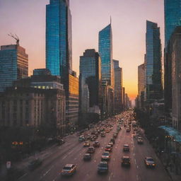 A vibrant, bustling cityscape at sunset with skyscrapers illuminated and cars driving along a busy street.