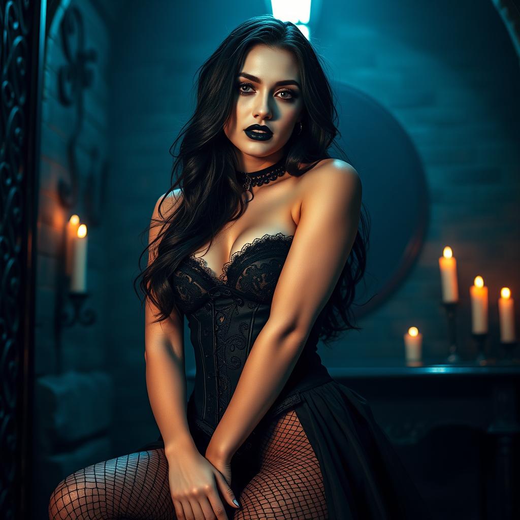 A captivating gothic-inspired scene featuring a sexy girl with striking white skin accentuated by dramatic black makeup, including dark eyeliner and bold lipstick