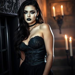 A captivating gothic-inspired scene featuring a sexy girl with striking white skin accentuated by dramatic black makeup, including dark eyeliner and bold lipstick