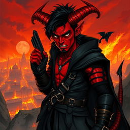 Gumong Steamfire, a 32-year-old young adult tiefling barbarian, illustrated in an epic fantasy scene