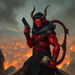 Gumong Steamfire, a 32-year-old young adult tiefling barbarian, illustrated in an epic fantasy scene