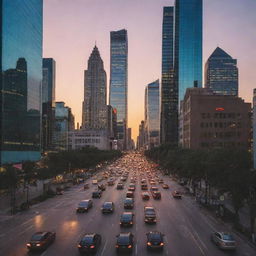 A vibrant, bustling cityscape at sunset with skyscrapers illuminated and cars driving along a busy street.