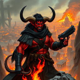 Gumong Steamfire, a 32-year-old young adult tiefling barbarian, illustrated in an epic fantasy scene