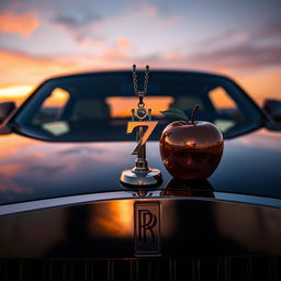 A luxurious Rolls Royce car showcasing an exquisite hood ornament that features a chain with a prominent pendant shaped like the number 7, alongside a delicately hanging apple