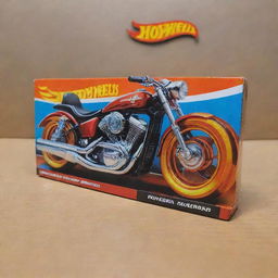 A detailed and colorful Hotwheels box showcasing a sleek and shiny motorcycle inside, with the Hotwheels logo clearly visible.