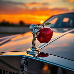 A luxurious Rolls Royce car showcasing an exquisite hood ornament that features a chain with a prominent pendant shaped like the number 7, alongside a delicately hanging apple