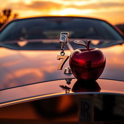 A luxurious Rolls Royce car showcasing an exquisite hood ornament that features a chain with a prominent pendant shaped like the number 7, alongside a delicately hanging apple