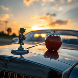 A luxurious Rolls Royce car showcasing an exquisite hood ornament that features a chain with a prominent pendant shaped like the number 7, alongside a delicately hanging apple