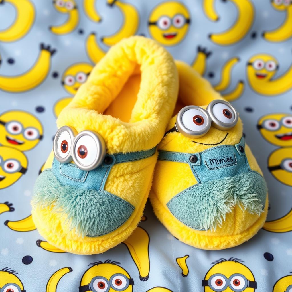 A playful and whimsical design of sleep footwear inspired by Minions, featuring bright yellow colors and adorable Minion facial features