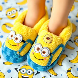 A playful and whimsical design of sleep footwear inspired by Minions, featuring bright yellow colors and adorable Minion facial features