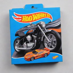 A detailed and colorful Hotwheels box showcasing a sleek and shiny motorcycle inside, with the Hotwheels logo clearly visible.