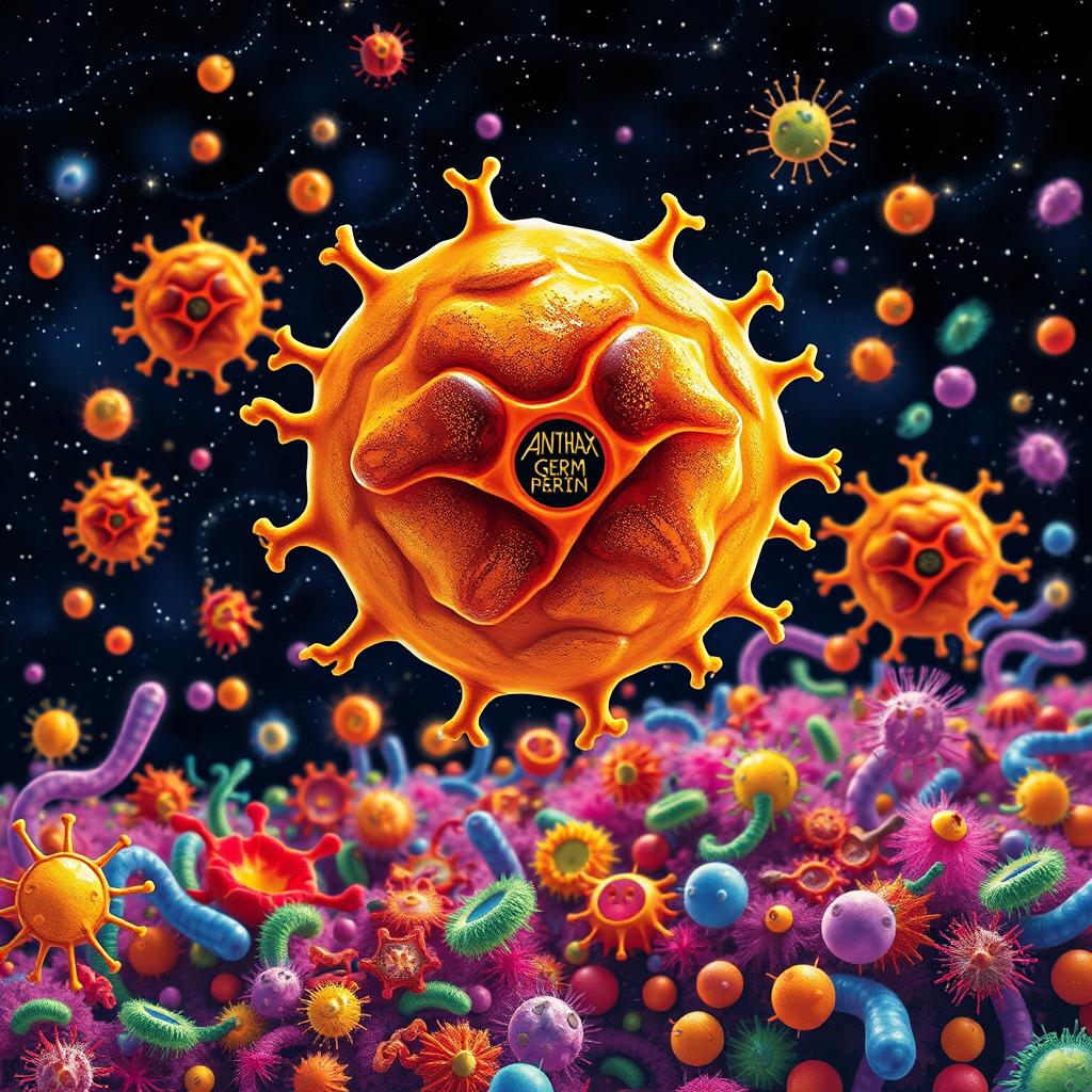 A vibrant and detailed illustration of Anthrax germs floating in a small galaxy surrounded by a multitude of other colorful germs and bacteria