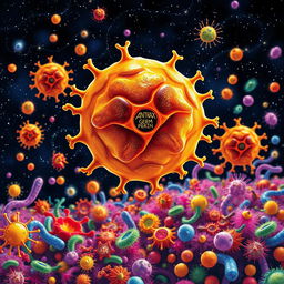 A vibrant and detailed illustration of Anthrax germs floating in a small galaxy surrounded by a multitude of other colorful germs and bacteria