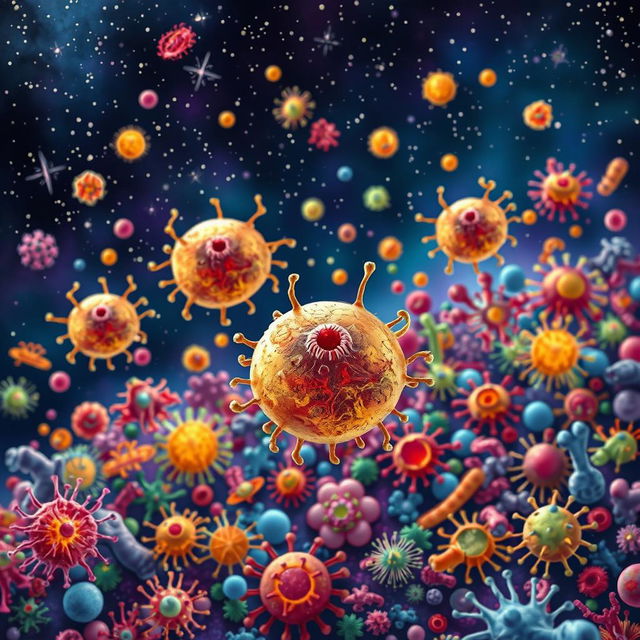 A vibrant and detailed illustration of Anthrax germs floating in a small galaxy surrounded by a multitude of other colorful germs and bacteria