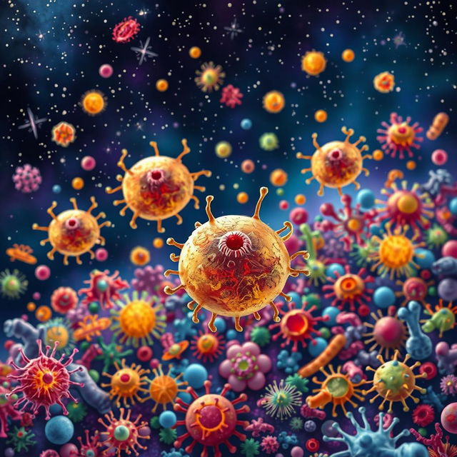 A vibrant and detailed illustration of Anthrax germs floating in a small galaxy surrounded by a multitude of other colorful germs and bacteria