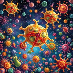 A vibrant and detailed illustration of Anthrax germs floating in a small galaxy surrounded by a multitude of other colorful germs and bacteria