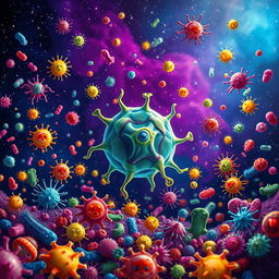 A vibrant and detailed illustration of Anthrax germs floating in a small galaxy surrounded by a multitude of other colorful germs and bacteria