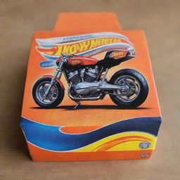 A detailed and colorful Hotwheels box showcasing a sleek and shiny motorcycle inside, with the Hotwheels logo clearly visible.