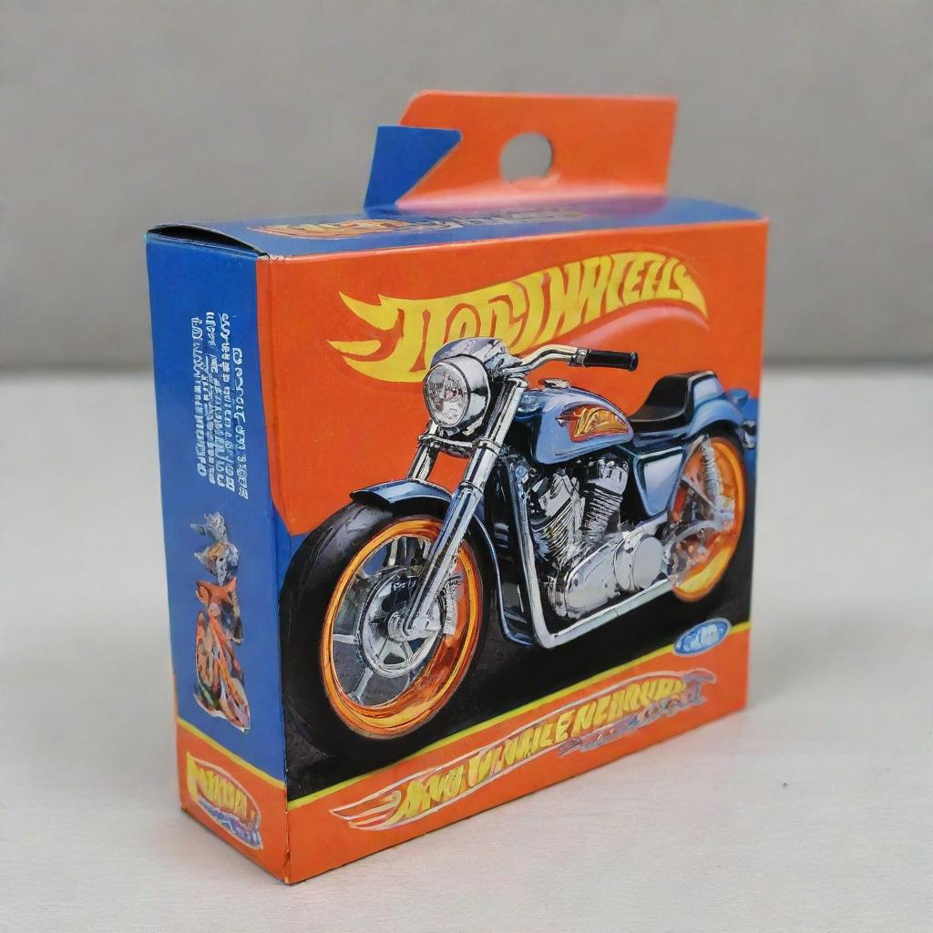 A detailed and colorful Hotwheels box showcasing a sleek and shiny motorcycle inside, with the Hotwheels logo clearly visible.