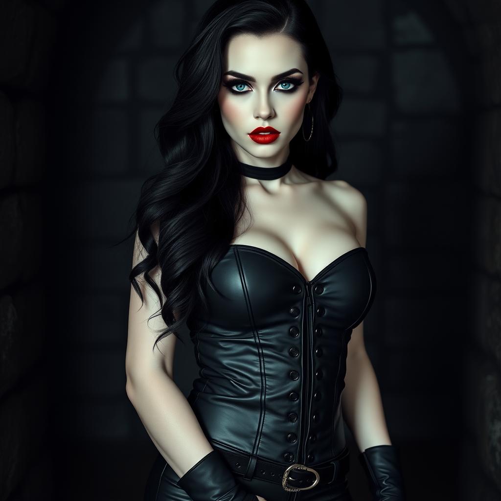 A captivating, realistic depiction of a gothic sexy girl with porcelain white skin and striking black makeup that highlights her alluring features