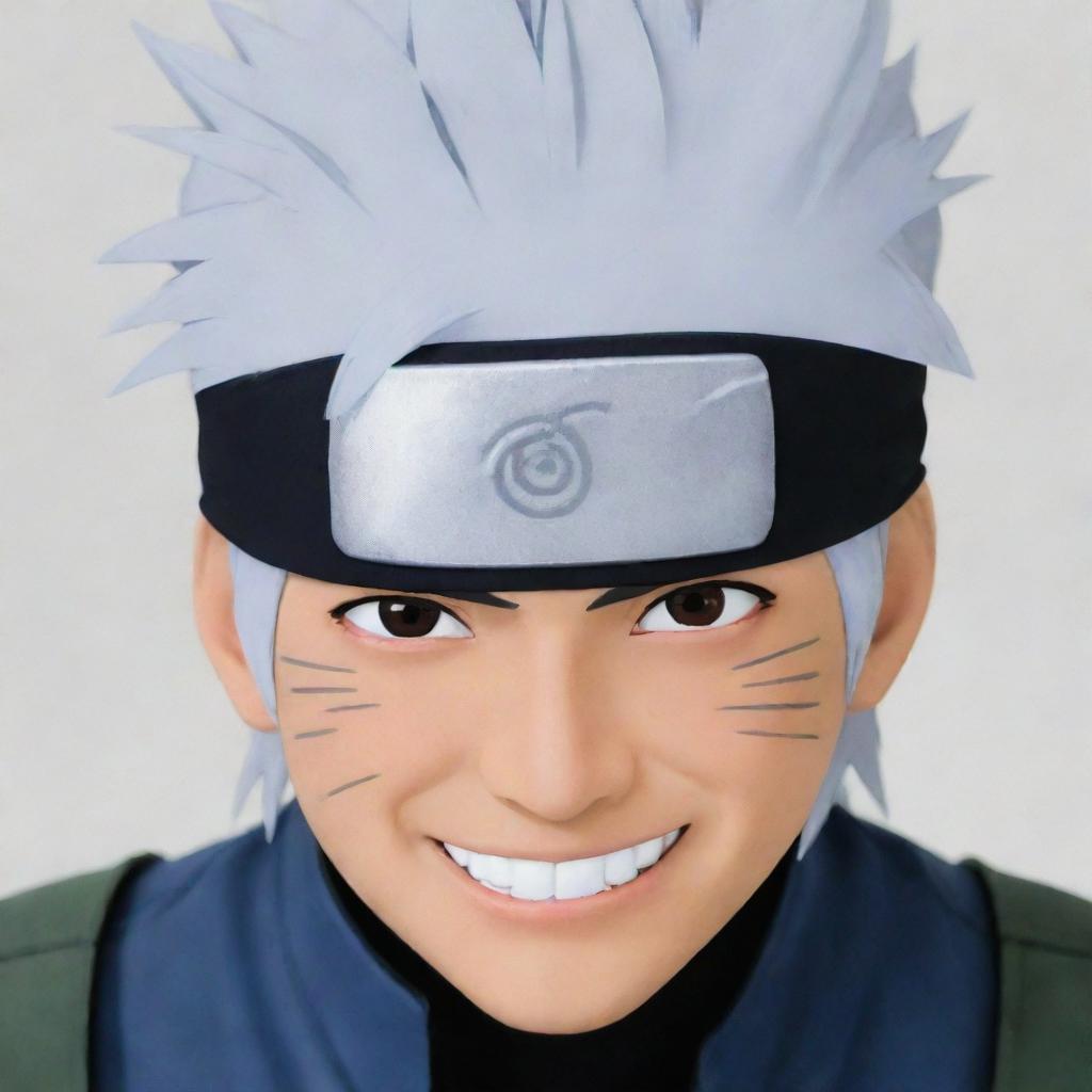 Kakashi Hatake from the anime series Naruto, wearing his signature headband over one eye, with a silver gravity-defying hair and a mysterious smile.