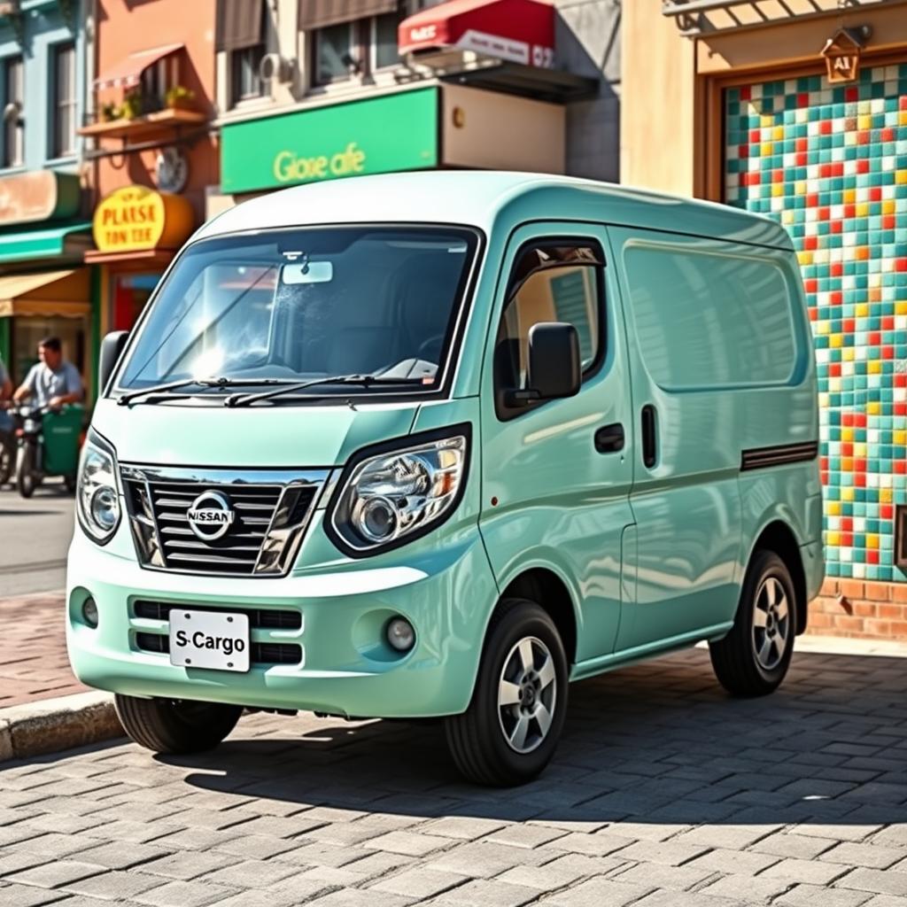 A Nissan S-Cargo, a unique and quirky small van, with a rounded, retro design and distinctively large headlights