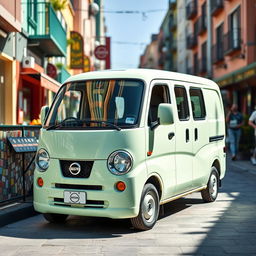 A Nissan S-Cargo, a unique and quirky small van, with a rounded, retro design and distinctively large headlights