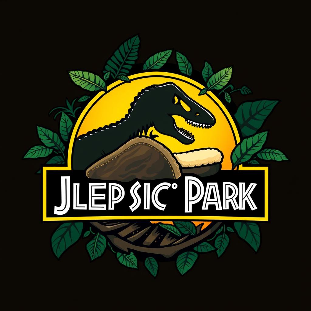 A dynamic and striking logo design inspired by the Jurassic Park theme, featuring sleep footwear elements