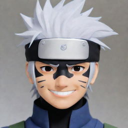 Kakashi Hatake from the anime series Naruto, wearing his signature headband over one eye, with a silver gravity-defying hair and a mysterious smile.