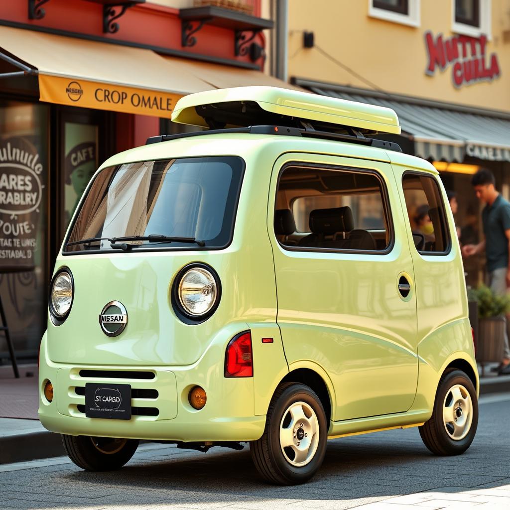 A Nissan S-Cargo Hatchback, featuring a retro and whimsical small van design, characterized by its rounded body and oversized headlights