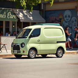 A Nissan S-Cargo Hatchback, featuring a retro and whimsical small van design, characterized by its rounded body and oversized headlights