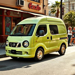 A Nissan S-Cargo Hatchback, featuring a retro and whimsical small van design, characterized by its rounded body and oversized headlights