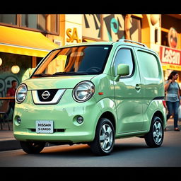 A Nissan S-Cargo Hatchback, featuring a retro and whimsical small van design, characterized by its rounded body and oversized headlights